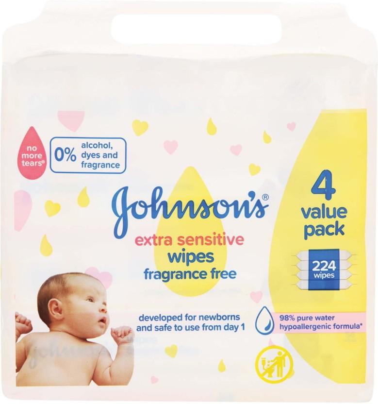 Johnson's Extra Sensitive Fragrance Free (Pack of 1, 224 Wipes per Pack)