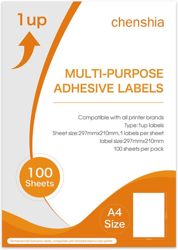 chenshia 1UP Multi-purpose Adhesive A4 -Printable Sticker Sheets for Inkjet & Laser Printers Paper Label (White)