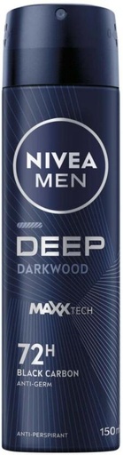 [DEOHFRVUGJVWCHTQ] Nivea Deep Black Carbon Dark Wood Deodorant Spray  -  For Men (150 ml)