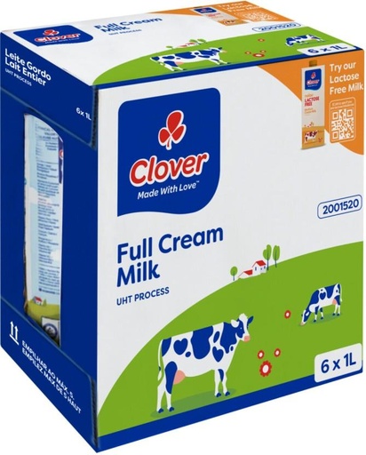 [MLKHFXJTMV3AMYRY] Clover Full Cream Long Life Milk, Plain Flavour (6 x 1 L)
