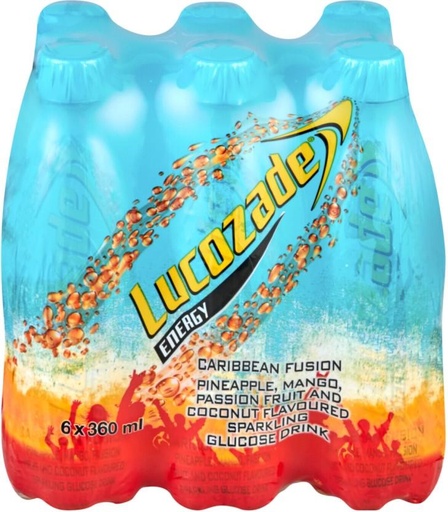 [ESMH26TWDZDB5AZS] Lucozade Caribbean Fusion Sparkling Glucose Energy Drink (Pineapple, Mango, Passion Fruit and Coconut Flavoured, 360 ml)