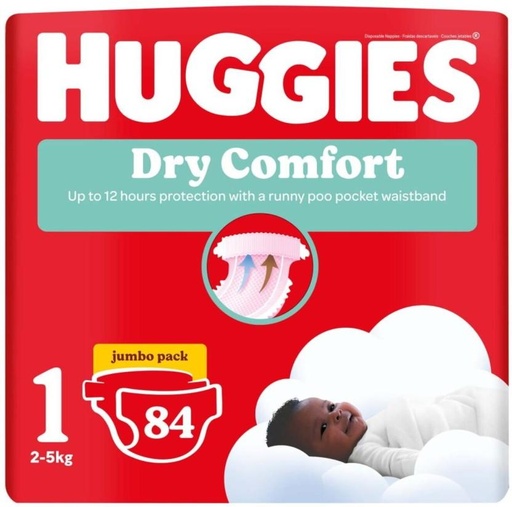 [DIRHCM4H5MX7TGH4] Huggies Dry Comfort Jumbo Pack Tape Diapers - 1 (84 Pieces)