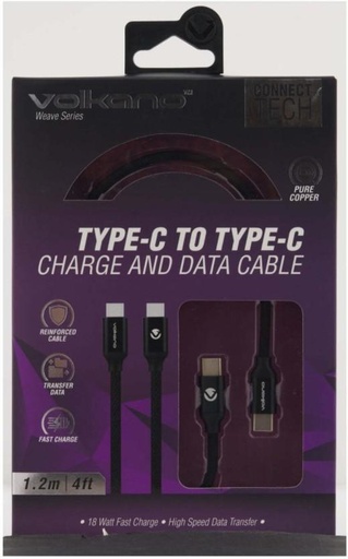 [DTCH2BRHZ3WY95FU] Volkano USB Type C To USB Type C 1.2 m Weave Series Type-C to Type-C Cable (Compatible with Mobile, Tablet, Computer, Black, One Cable)