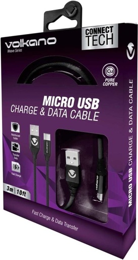 [DTCHFXRNHF8GB77S] Volkano USB Type A To Micro USB 3 m Fabric Braided Micro USB Cable (Compatible with Laptop, TV, Black, One Cable)